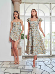 Tasmin Puff Sleeve Midi Dress in Blue & Yellow Floral