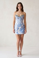 Blue Sweetheart Jacquard Sheath Corset Homecoming Dress