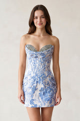 Blue Sweetheart Jacquard Sheath Corset Homecoming Dress