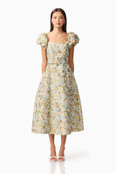 Tasmin Puff Sleeve Midi Dress in Blue & Yellow Floral