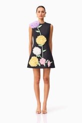 Buttercup Embroidered Mini Dress in Black