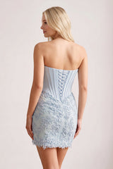 Sky Blue Strapless Embroidered Lace Sheath Corset Homecoming Dress