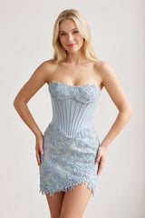 Sky Blue Strapless Embroidered Lace Sheath Corset Homecoming Dress