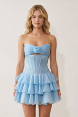 Sky Blue 3D-Flower Sweetheart Cut-Out Ruffled A-Line Satin Homecoming Dress