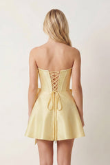 Yellow Satin Strapless A-Line Corset Pearl Homecoming Dress With Bowknot