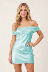 Aqua Off-the-Shoulder Satin Sheath Homecoming Dress