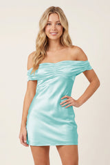 Aqua Off-the-Shoulder Satin Sheath Homecoming Dress