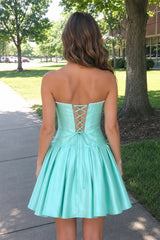 Aqua Strapless A-Line Satin Ruched Bow Homecoming Dress With Pearl