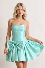 Aqua Strapless A-Line Satin Ruched Bow Homecoming Dress With Pearl
