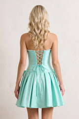 Aqua Strapless A-Line Satin Ruched Bow Homecoming Dress With Pearl
