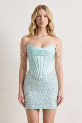 Aqua Off-the-Shoulder Satin Sheath Corset Homecoming Dress With Pearl