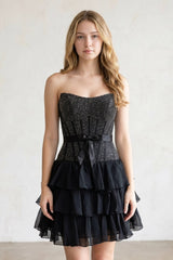 Black Beaded Corset Strapless Ruffled A-Line Homecoming Dress
