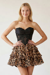Black Leopard A-Line Sweetheart Ruffled Appliqued Homecoming Dress