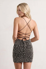 Black Sparkly Spaghetti Straps Sheath Mini Homecoming Dress With Pearl