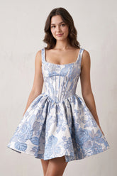 Blue A-Line Square Neck Jacquard Corset Homecoming Dress With Pearl