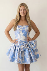 Blue Flower Jacquard Strapless A-Line Bowknot Homecoming Dress With Pearl