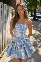 Blue Flower Jacquard Strapless A-Line Bowknot Homecoming Dress With Pearl