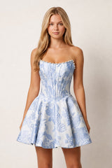 Pink Jacquard A-Line Strapless Corset Homecoming Dress With Pearl