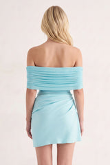 Aqua Off the Shoulder Sheath Ruched Tulle Homecoming Dress