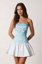 Blue Polka Dots Strapless A-Line Satin Homecoming Dress With Bow