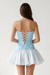 Blue Polka Dots Strapless A-Line Satin Homecoming Dress With Bow