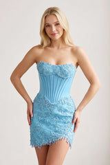 Sky Blue Strapless Embroidered Lace Sheath Corset Homecoming Dress