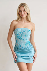 Blue Strapless Embroidered Satin Sheath Ruched Homecoming Dress