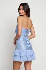 Blue Strapless Metallic Satin Ruffled A-Line Homecoming Dress With Pearl and Bow