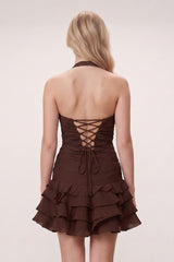 Brown Organza Halter A-Line Pleated Ruffled Homecoming Dress