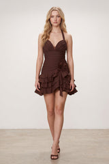 Brown Organza Halter A-Line Pleated Ruffled Homecoming Dress