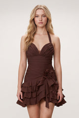 Brown Organza Halter A-Line Pleated Ruffled Homecoming Dress