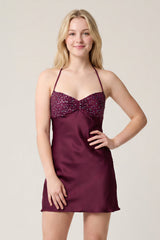 Burgundy Halter Satin Sheath Sequined Mini Homecoming Dress