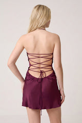 Burgundy Halter Satin Sheath Sequined Mini Homecoming Dress