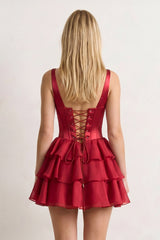 Burgundy Square Neck Satin Corset Ruffled A-Line Homecoming Dress