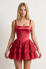 Burgundy Square Neck Satin Corset Ruffled A-Line Homecoming Dress