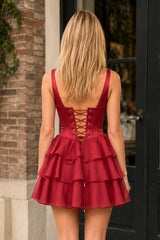 Burgundy Square Neck Satin Corset Ruffled A-Line Homecoming Dress