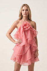 Coral Pink Ruffled Chiffon Halter Asymmetrical A-Line Homecoming Dress