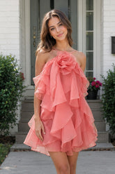 Coral Pink Ruffled Chiffon Halter Asymmetrical A-Line Homecoming Dress