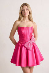 Fuchsia Strapless A-Line Satin Mini Corset Homecoming Dress With Bow