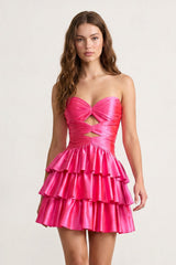 Fuchsia Sweetheart Ruffled A-Line Cut-Out Satin Homecoming Dress