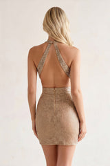 Golden Beaded Plunge Sheath Cut-Out Homecoming Dress