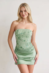 Blue Strapless Embroidered Satin Sheath Ruched Homecoming Dress