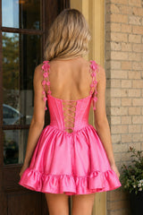 Pink 3D Flower Spaghetti Straps Ruffled A-Line Satin Corset Homecoming Dress