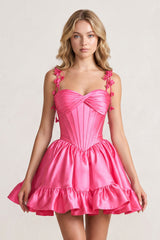 Pink 3D Flower Spaghetti Straps Ruffled A-Line Satin Corset Homecoming Dress