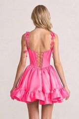 Pink 3D Flower Spaghetti Straps Ruffled A-Line Satin Corset Homecoming Dress