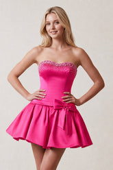 Hot Pink Rhinestones Sweetheart Ruched A-Line Homecoming Dress With Bow