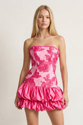 Hot Pink Strapless Embroidered Flower Ruched A-Line Homecoming Dress