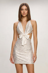 Ivory Halter Cut-Out Satin Sheath Homecoming Dress with Bow and Pearl