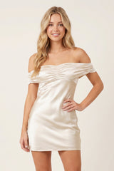 Aqua Off-the-Shoulder Satin Sheath Homecoming Dress