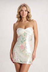 Ivory Sweetheart Floral Sheath Satin Homecoming Dress with Back Bow